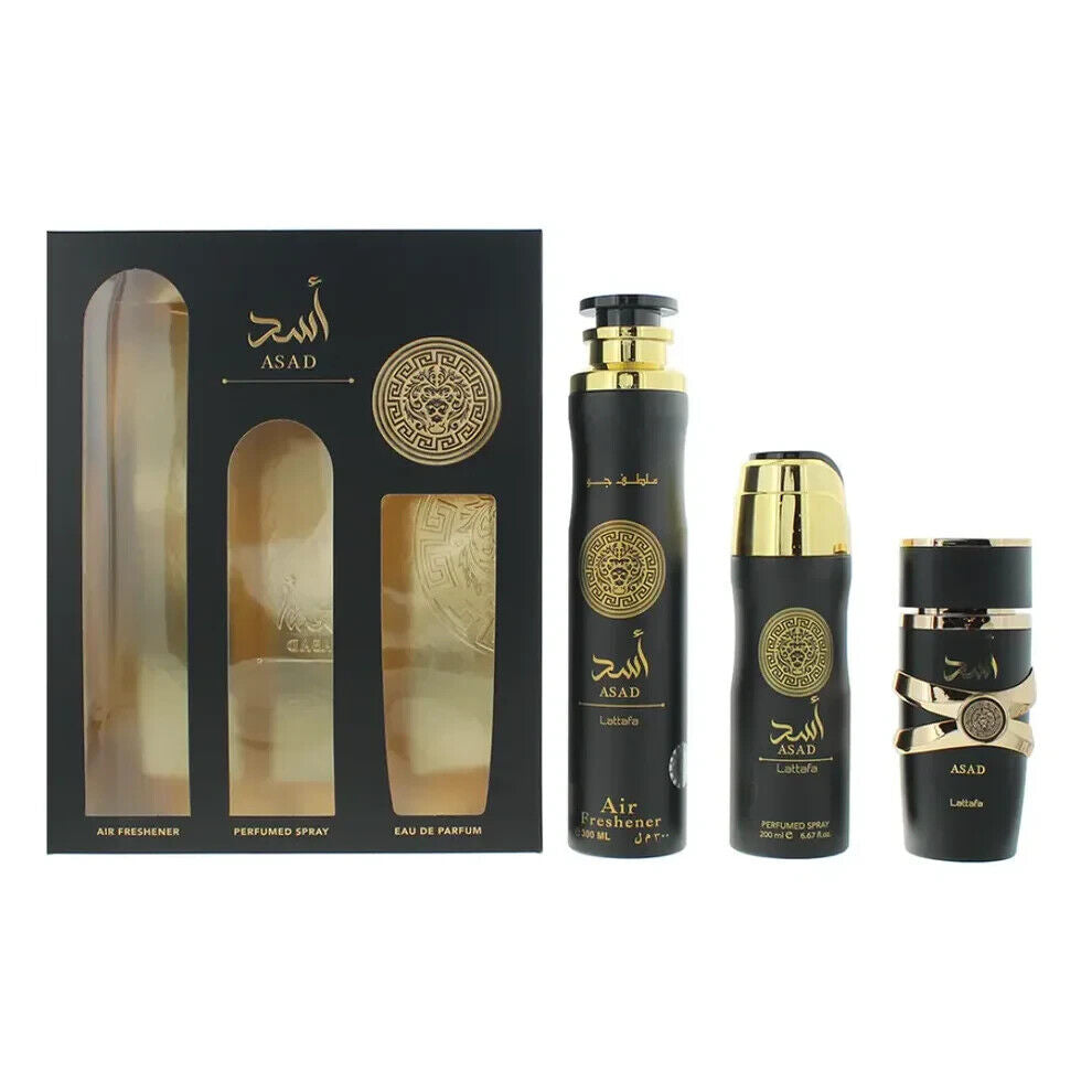Asad | Gift Set | 100ml EDP | 200ml Body Spray | 300ml Air Freshener | Lattafa