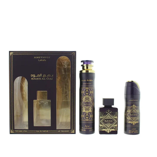 Badee Al Oud Amethyst | Gift Set | EDP | Body Spray | Air Freshener | Lattafa